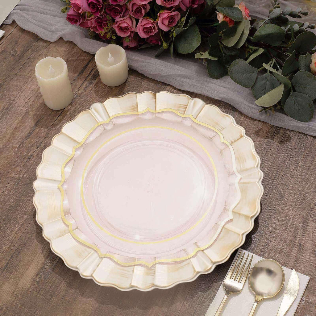 13" Charger Plates -Set of 24 - Acrylic Beige Round Disposable Chargers With Gold Brushed Wavy Scalloped Rim, Ideal
