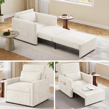 75.2" Sleeper Chair Pull Out Bed, 3 in 1 Corduroy Sleeper, Beige