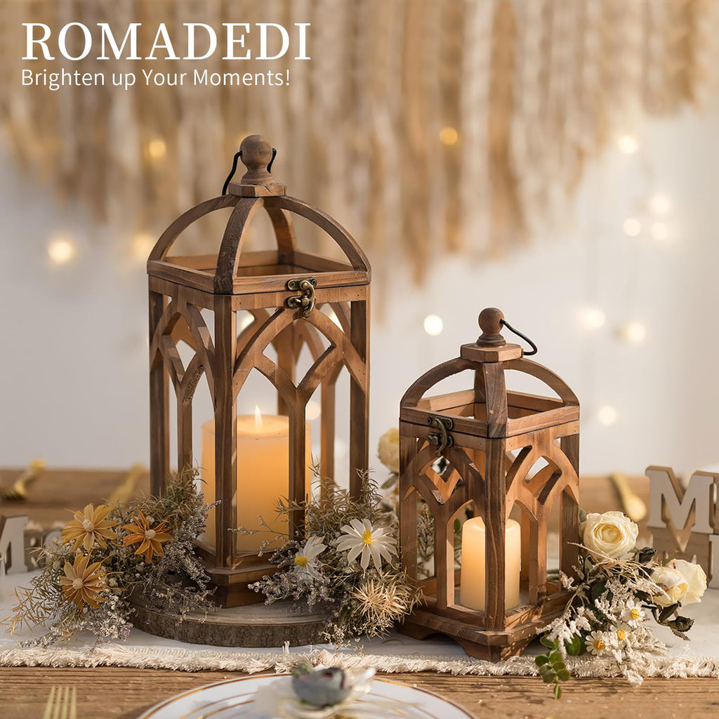 Farmhouse Wood Candle Lantern Decorative 12"/16", Set of 2, Brown
