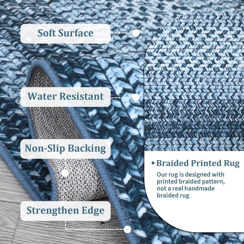 Area Rug Braided Print Washable Non Slip Rugs Rustic Coastal Low Pile Floor Carpet, Stain Resistant &