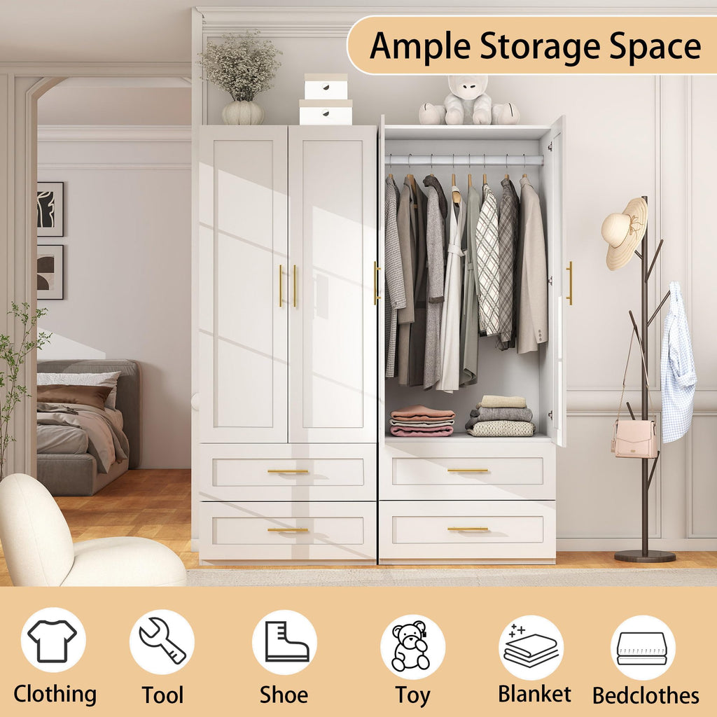 White Wardrobe with 4 Doors and 4 Drawers, 75" Tall x 63" Wide