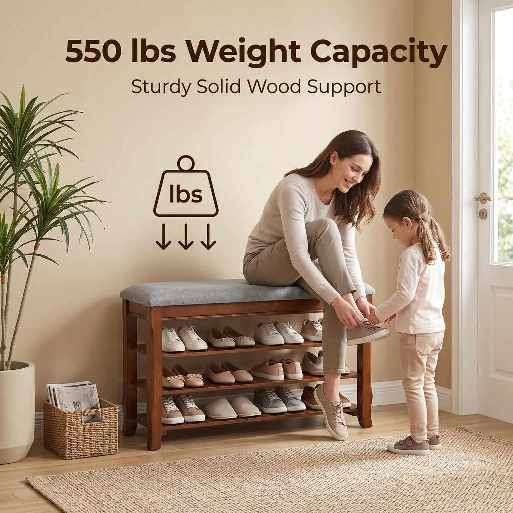 SolidWood Entryway Shoe Rack Storage Bench, Flip-Top Soft-Close Lid, 39.4''