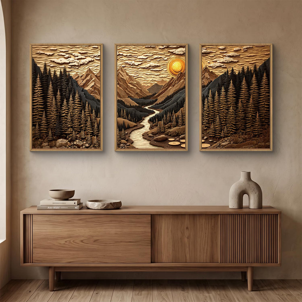 Abstract Landscape Mountain Canvas Wall Art Set, Vibrant Sun Forest Pine Tree Wall Decor, Wilderness Nature River