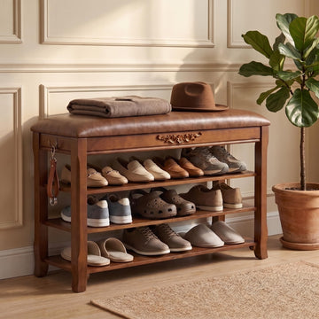 Shoe Rack Bench Entryway Storage with Leather Cushion, 31.5"