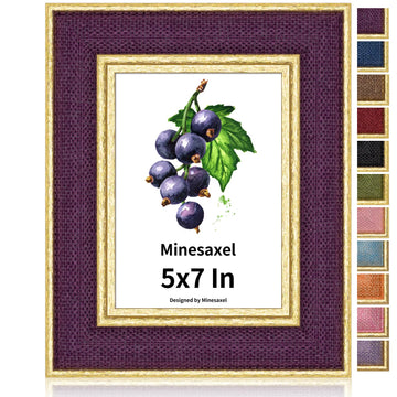 5x7 Picture Frame - Deep Purple Fabric & Vintage Gold Border HD Real Glass with Easel for Tabletop/Wall (Family