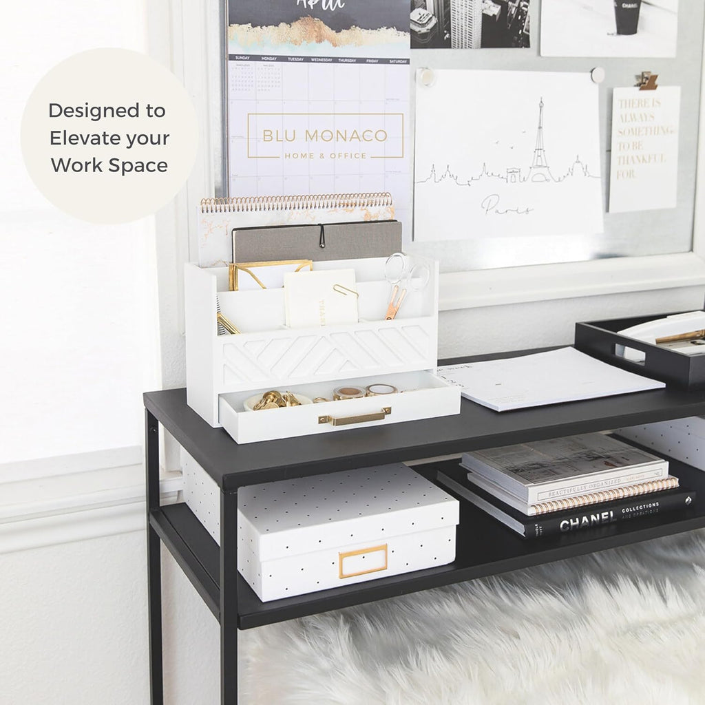 White Wooden Desk Organizer & Mail Organizer with Drawer & Gold Handle | Mail Sorter Countertop | 6 Compartments |
