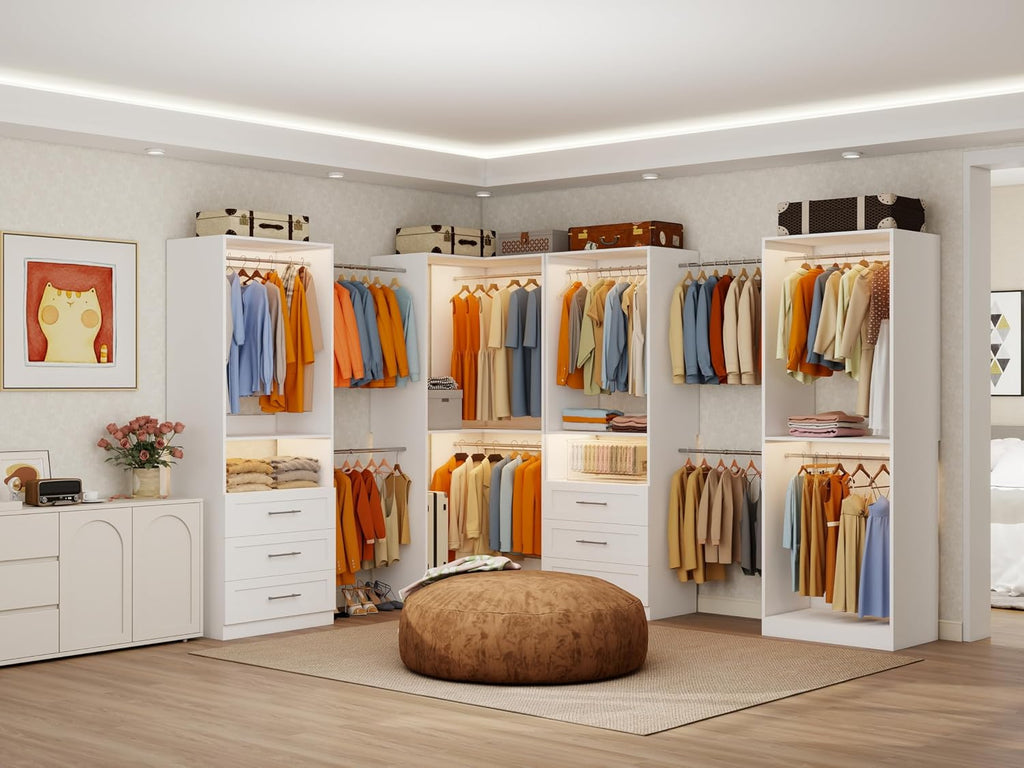Closet System with 6 Wooden Drawers, 4.5-21.6FT L-Shaped | Corner Closet organizer System with 10 Expandable Hanging