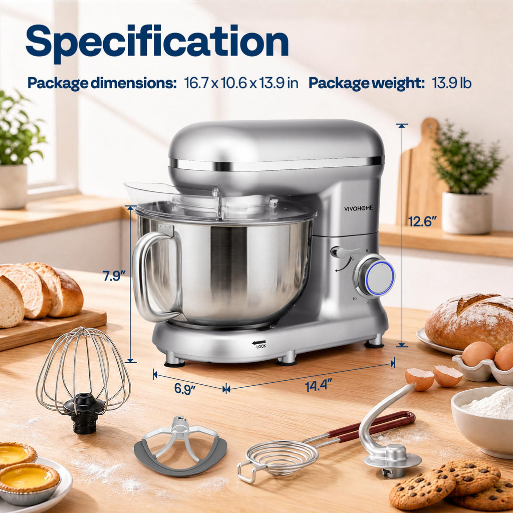 Stand Mixer, 6-Quart Tilt-Head Kitchen Mixer with Bowl, Silver