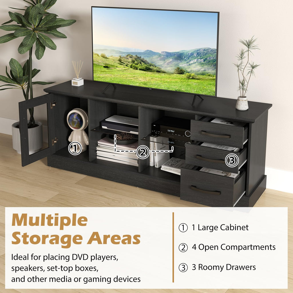 Farmhouse TV Stand for 73 Inch TV, Wood TV Console Table w/Removable Glass Shelves, Cable Management Holes & Drawers