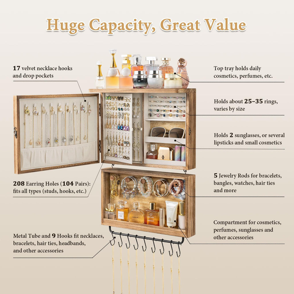 Wall Mounted Jewelry Organizer Box, 2-in-1 Jewelry Cabinet with Mirror