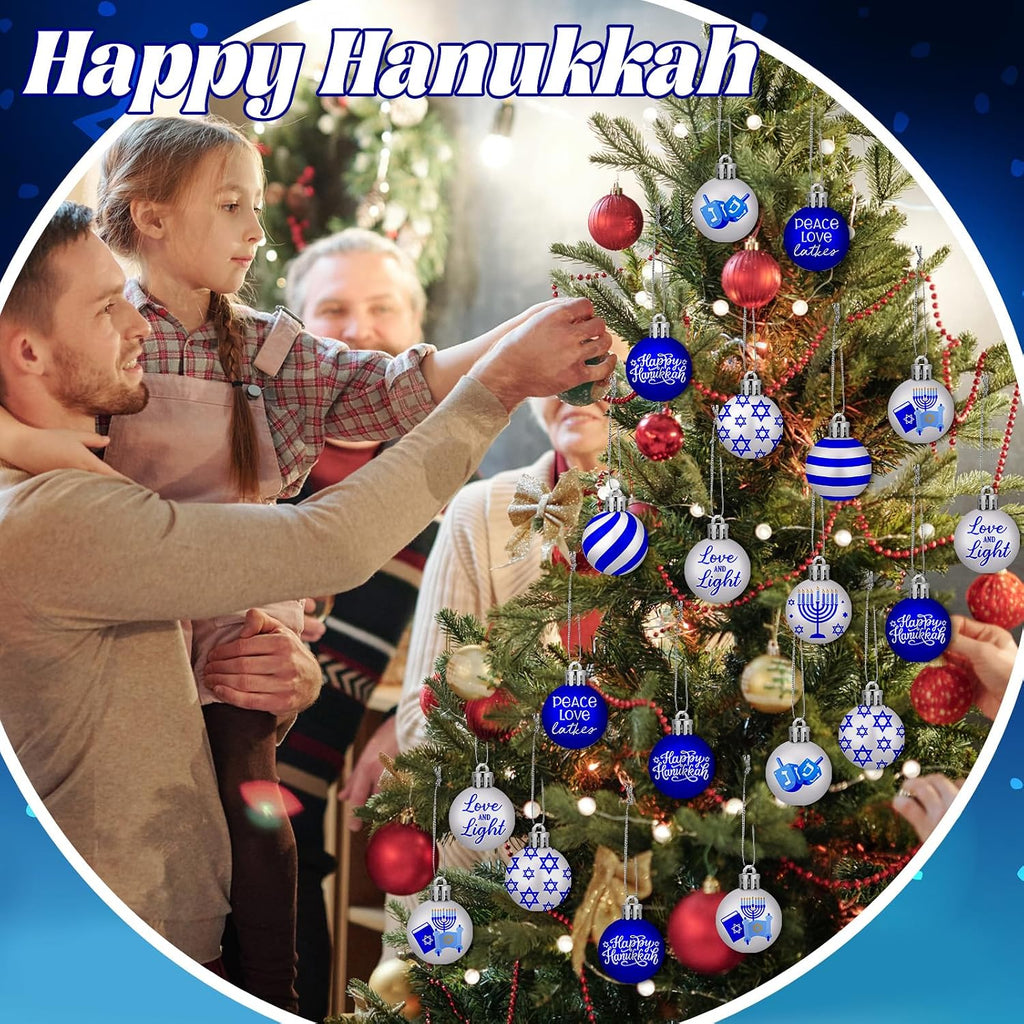 Happy Hanukkah Ornament for Tree Balls Star of David Hanging Ornaments 10 Styles Shatterproof Decorations - Set of 30