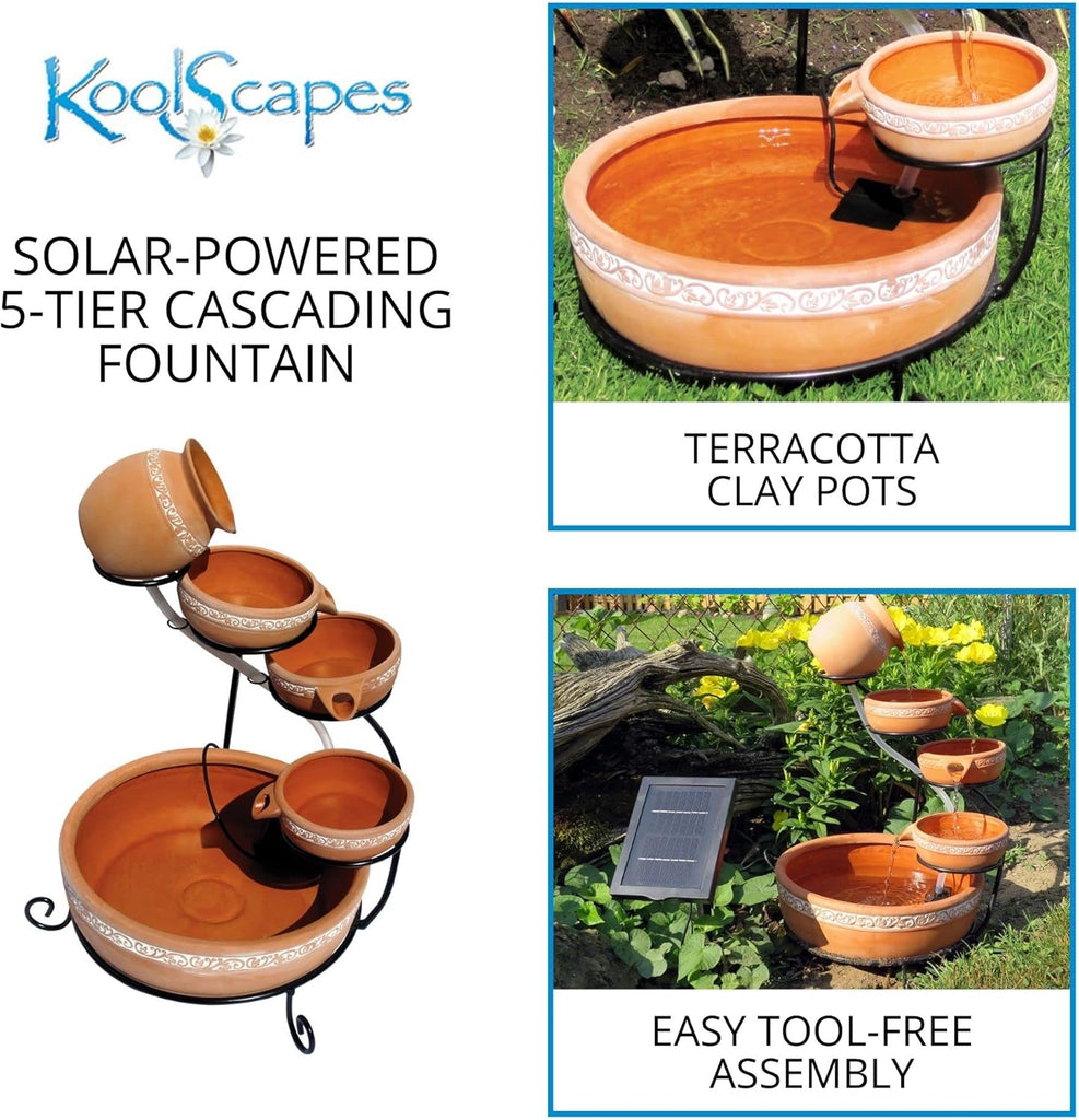 Koolscapes Solar-Powered 5-Tier Cascading Fountain, Terracotta Clay Pots, Self-Contained Water Feature