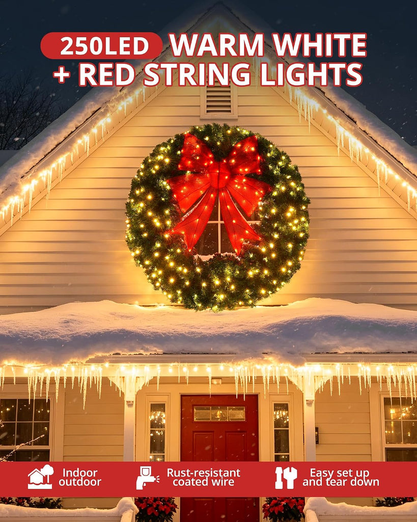 48In Pre-lit Artificial Christmas Wreath Holiday Decoration with 3D Red Bow