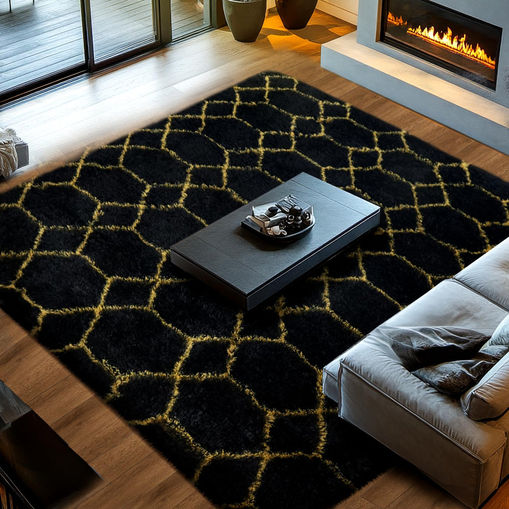 Shag Rugs 8x10: Black and Gold Geometric Area Rug