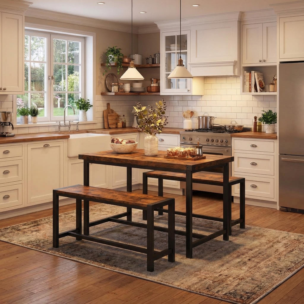 Dining Table Set for 4, Kitchen Table with 2 Metal Wood Benches, Rectangular Room Dining Table Set, 3 Piece Bench