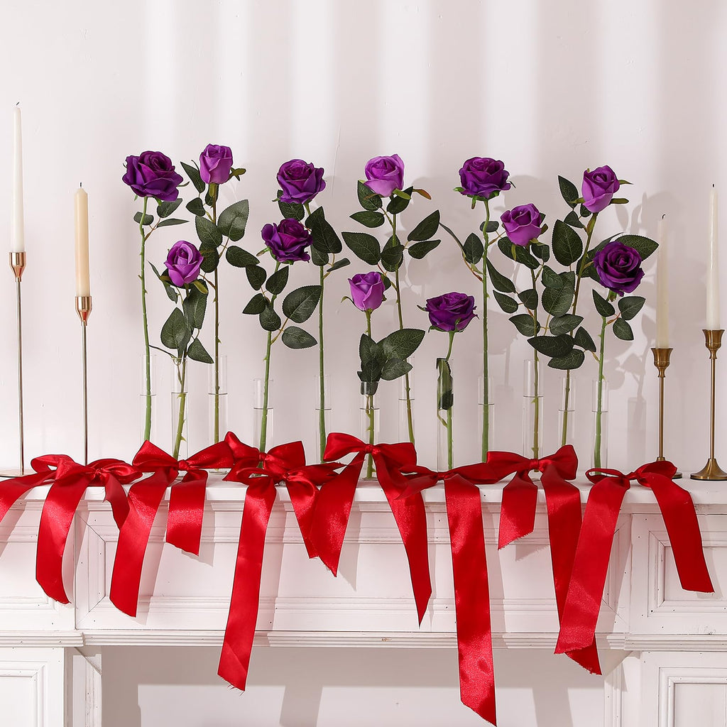 12PCS Artificial Silk Flowers Realistic Roses Bouquet Long Stem Wedding Decoration Party (Purple, 6 Flowers 6 Buds)