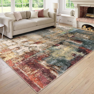 Modern Abstract Living Room Rug 8x10, Washable 8x10 Area Rugs for Bedroom Stain Resistant Non Slip, Large Red Soft