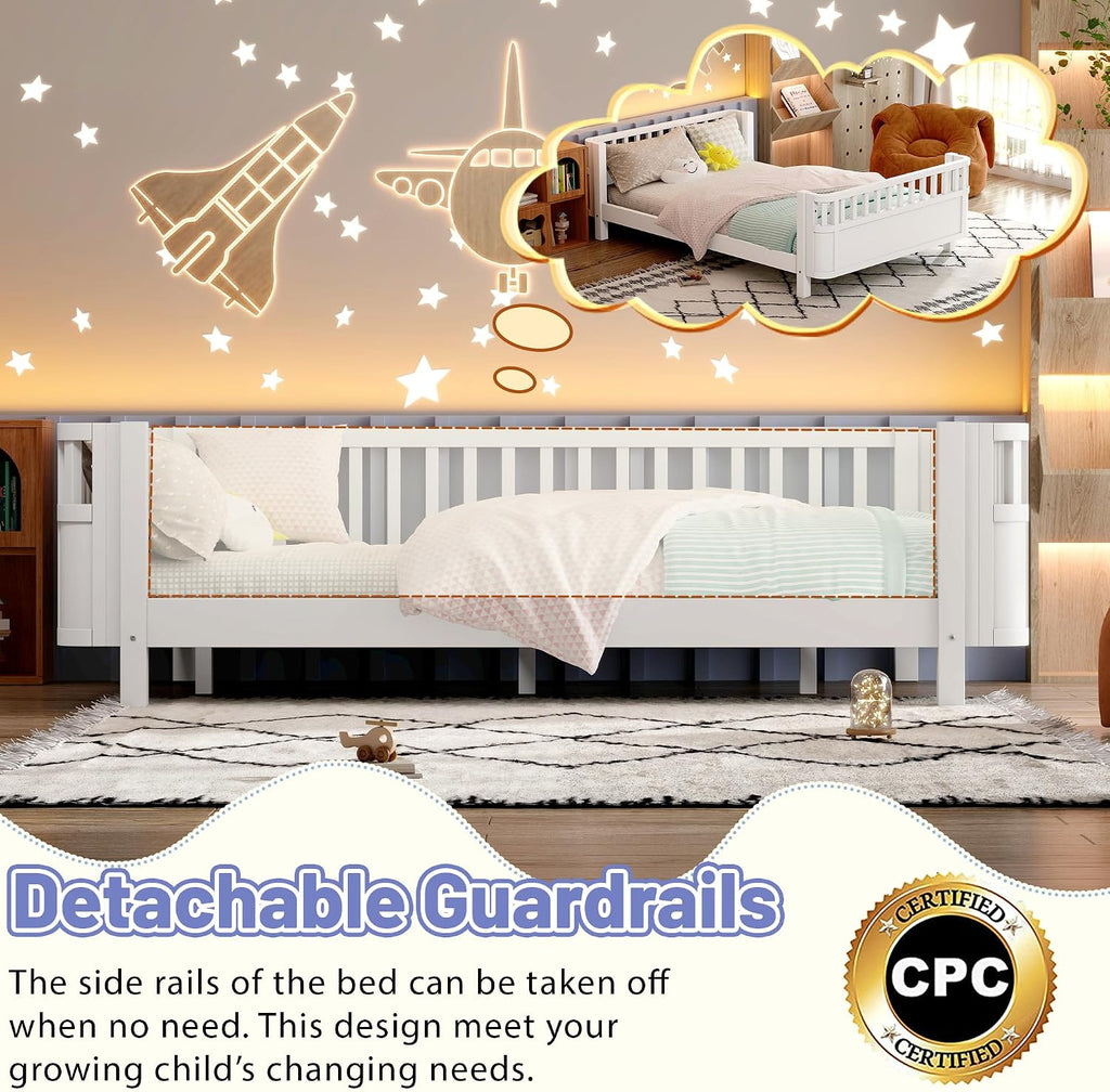 Bed Frame for Kids with Rails, Low Profile Montessori Bed with Detachable Side Rail, Solid Pine Wood Kids