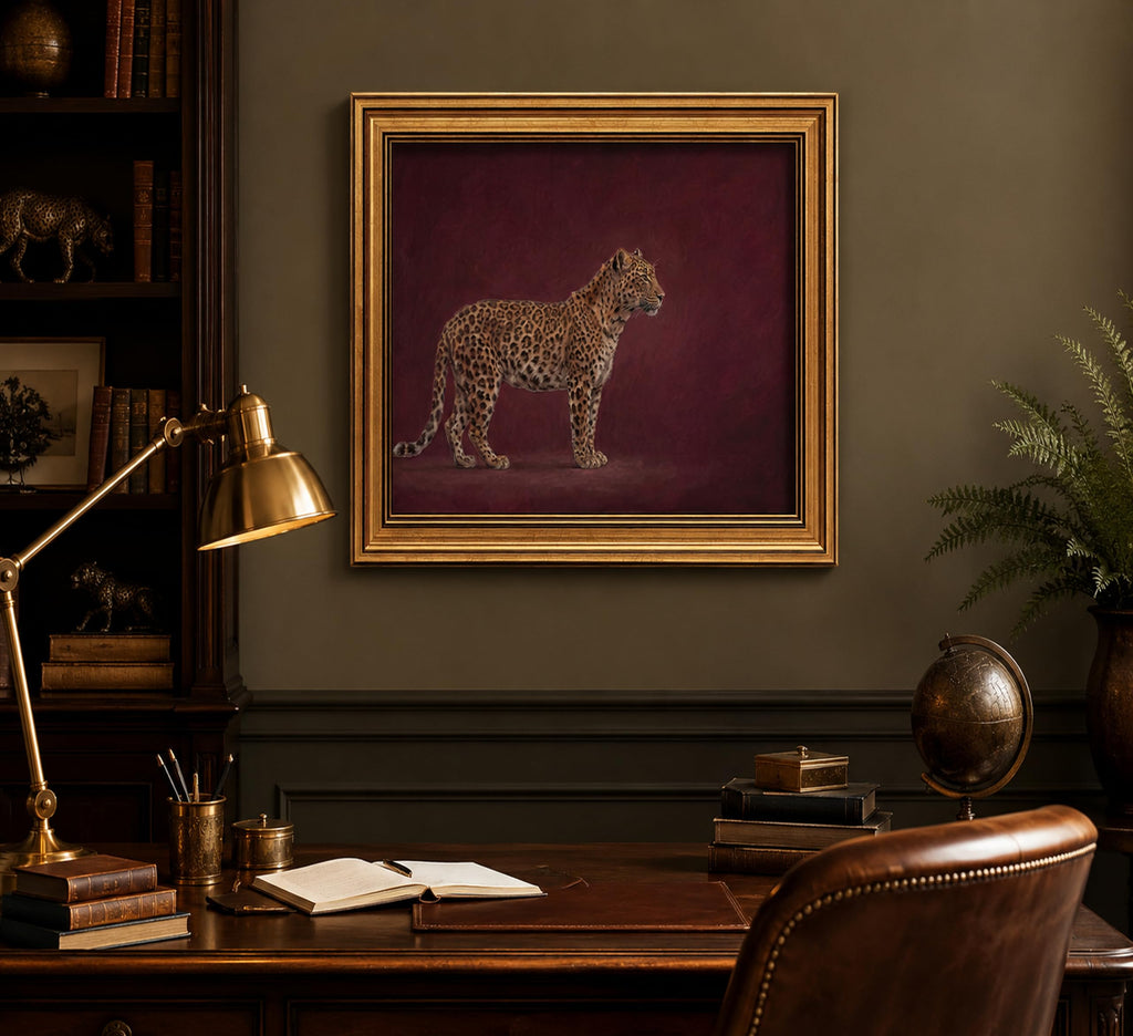 Gold Framed 3D Textured Wall Art, Vintage Burgundy Cheetah Canvas Prints, Minimalist Maroon Wildlife Pictures Decor