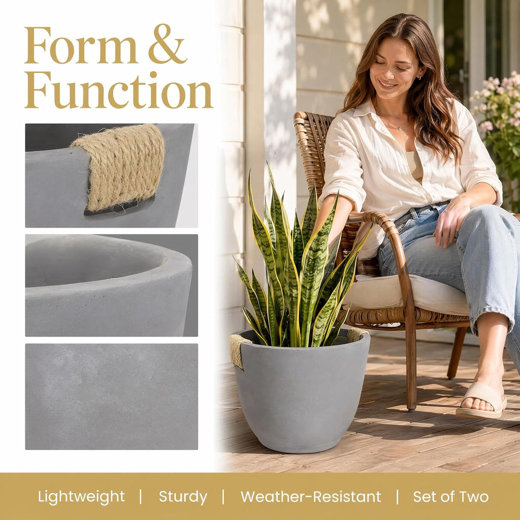 Set of 2 Planter Pots (12.79" & 9.45" ), Lightweight Concrete Look Planters for Indoor Outdoor Plants, Modern Planter