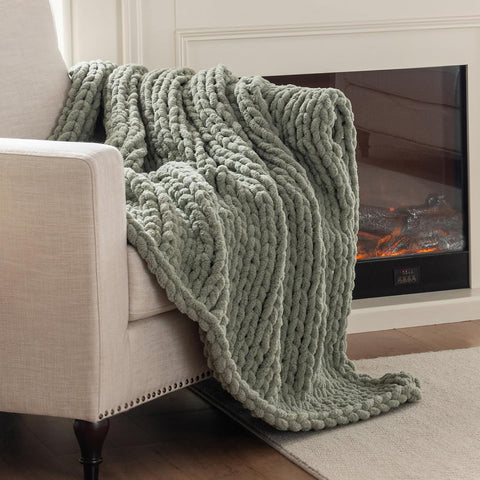 Chunky Knit Blanket Throw, 100% Hand Knit Throw Blanket Handmade Chenille Cable Knit Throw, Stylish Cozy Soft Rope
