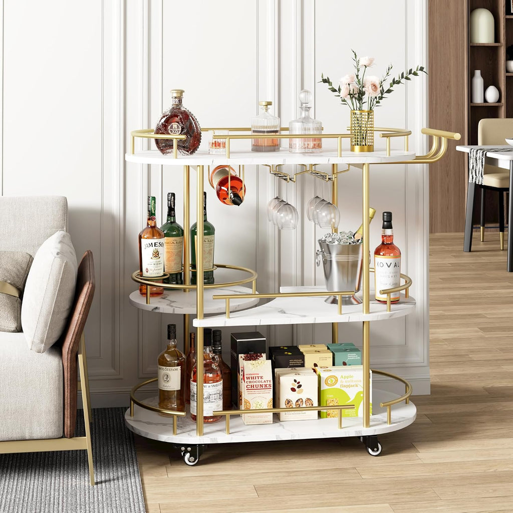 Bar Carts Gold with 4-Tiers Storage Shelves,Mobile Bar Seving Cart On Wheels with Wine Rack and Glass Holder ,White.