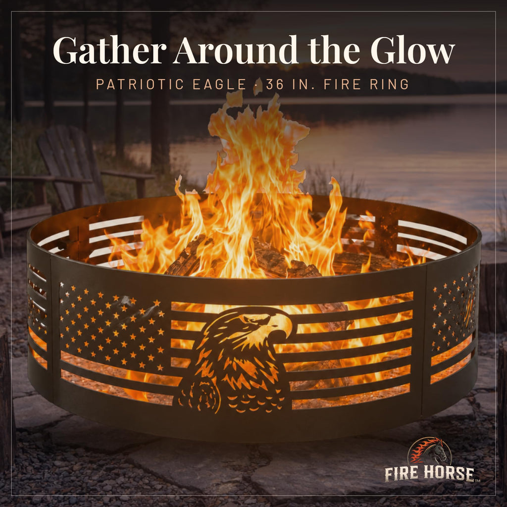 Fire Horse 36 Inch Fire Pit Ring - Wood Burning Fire Ring (Patriotic Eagle)