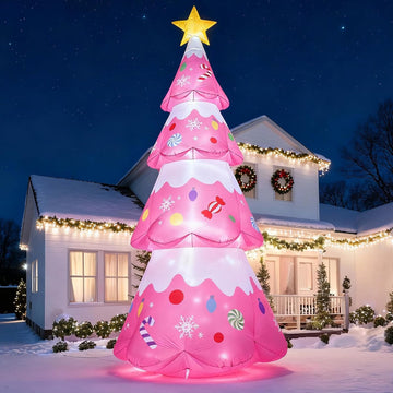 12 FT Pink Christmas Tree Inflatables Outdoor Decorations, Blow Up Candy-Themed Xmas Tree with Rotating Projection