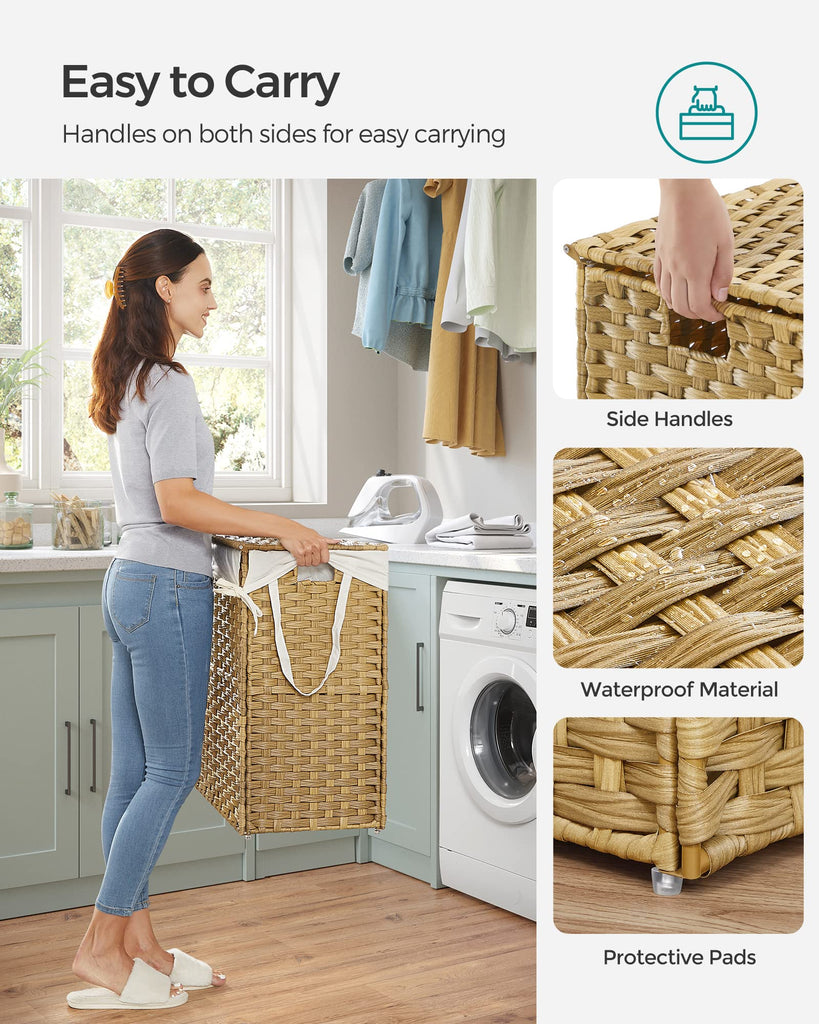 Laundry Hamper with Lid, 90L Double Wicker Basket, 6 Mesh Bags