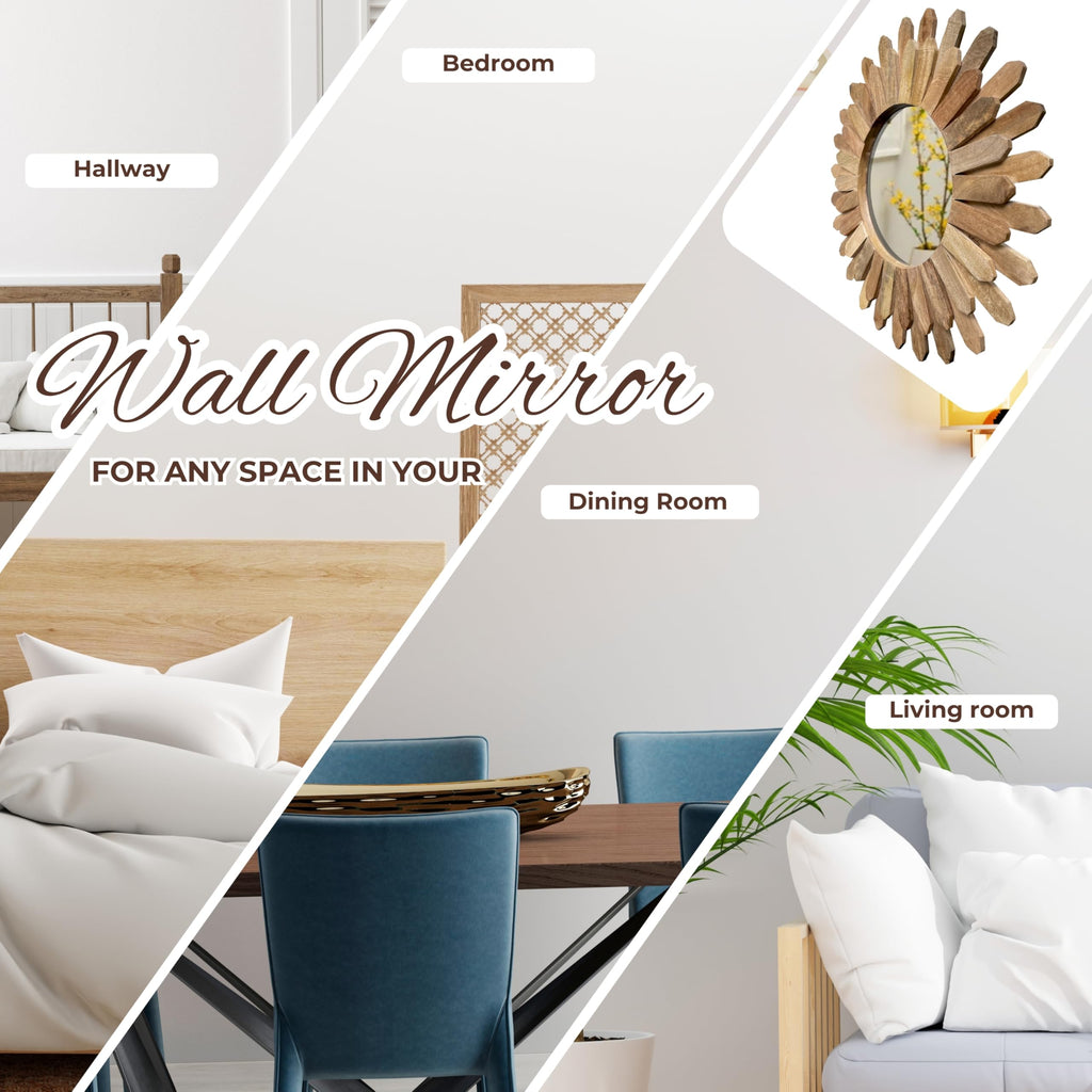 Rustic Round Wood Wall Mirror 18 Inch, Natural Sunburst Mirror for Wall Decor, Boho Farmhouse Decorative Mirror Decor