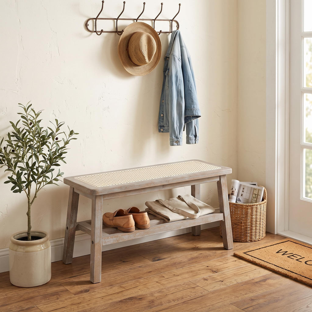 Rattan Entryway Bench with Shoe Rack Natural Wood Storage Bench Indoor Wicker 30 Inches Small Bench Farmhouse Cane