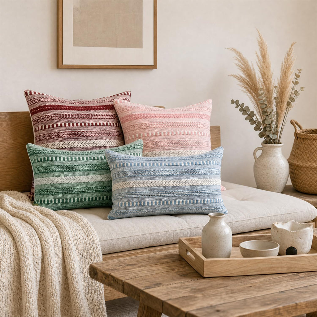 Light Brown Boho Decorative Throw Pillow Covers Set of 2, 20 x 20 Inch Woven Stripe Textured Rustic Cushion Case Home