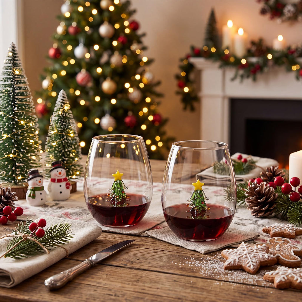2 Pcs Christmas Tree Stemless Wine Glasses with 3D Tree Inside