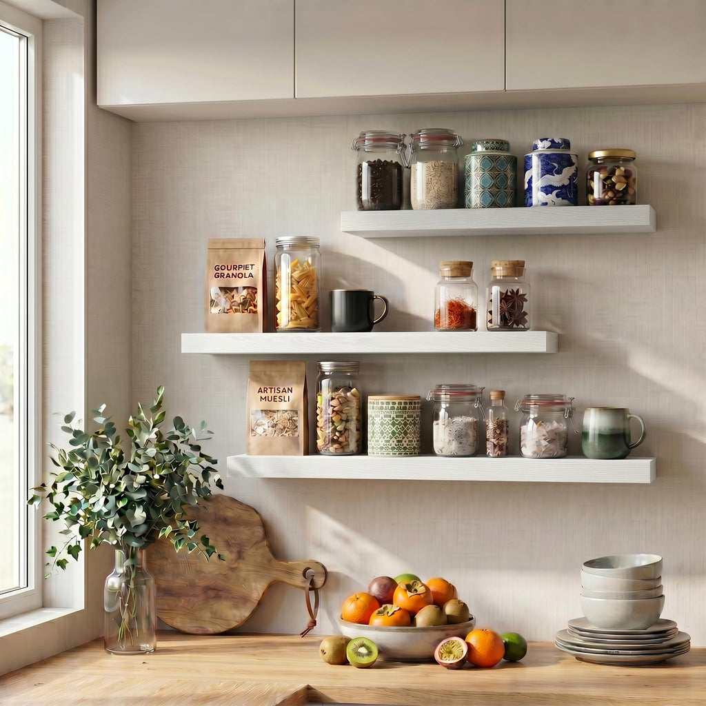 32 Inch Floating Shelves for Wall, White Wood Wall Mounted Shelf with Invisible Bracket, 10 Inch Deep Large Shelves