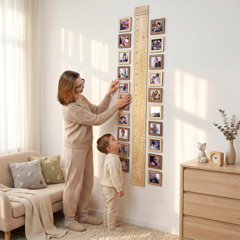 Wooden Growth Chart Ruler with 20 Picture Frames 4x4 - Kids Height Measurement Wall Decor Room - Dual Inch & cm