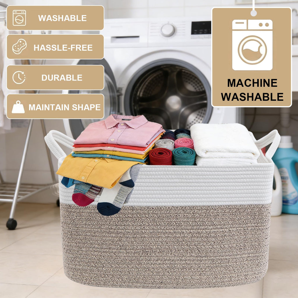 65L Laundry Basket with Handles, Woven Blanket Basket, White/Brown