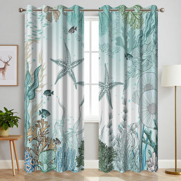 Blackout Curtains 84 Inches Long Thermal Insulated Grommet Drapes Curtains Living Room, Teal Blue Nautical Coastal