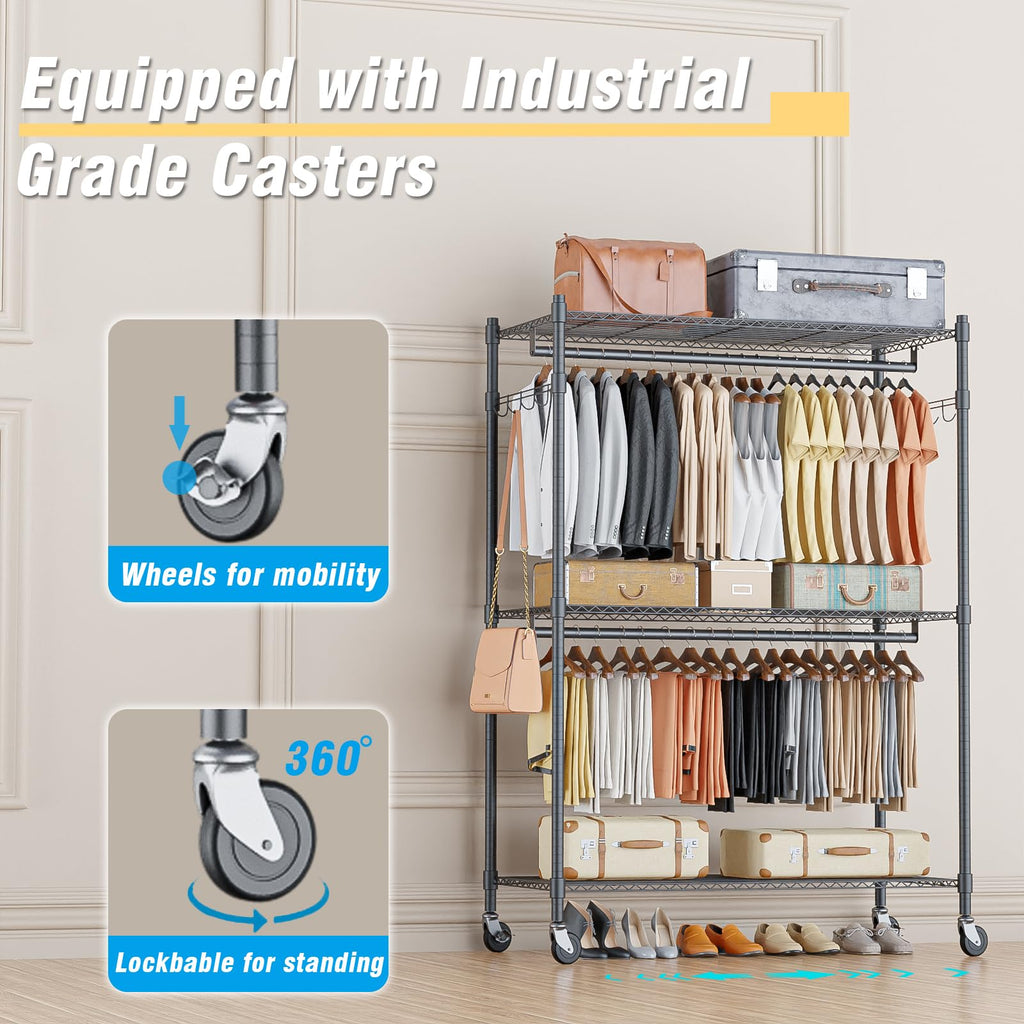 Heavy Duty Rolling Clothing Rack, Adjustable Garment Rack with 3 Tier Storage Shelves, Freestanding Closet Wardrobe