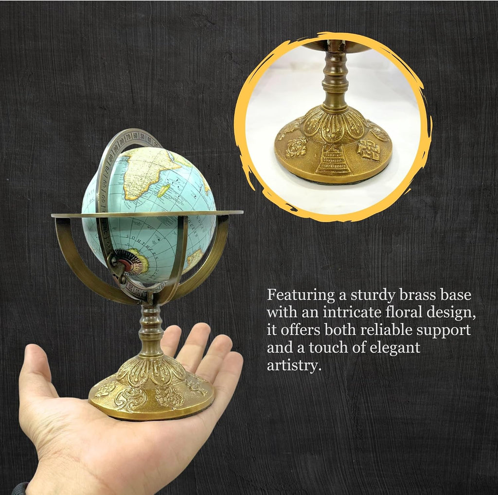 Brass Armillary Sphere Globe with Celestial Engravings and Floral Base - Rotating Decorative Astronomical Piece.