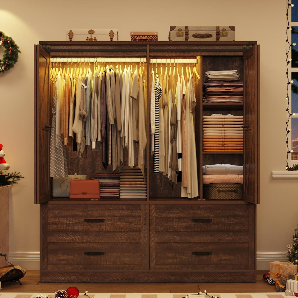 Farmhouse 4 Doors Armoire Wardrobe Closet w/Folding Sliding Barn Door and Lights, LED Armoire Closet w/Drawers