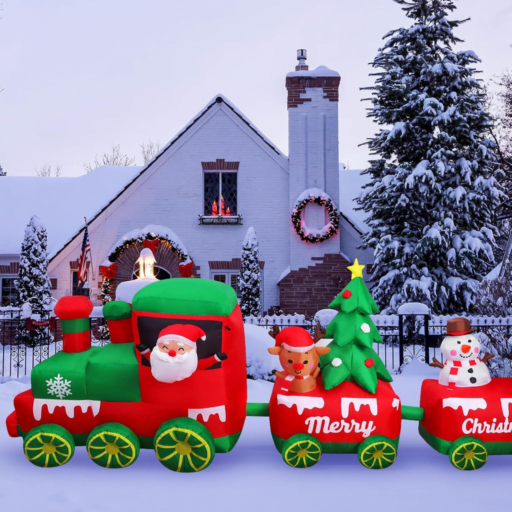 10.7 FT Christmas Inflatables Train with Santa Claus Reindeer Snowman Christmas Tress Built-in LED Lights Blow Up