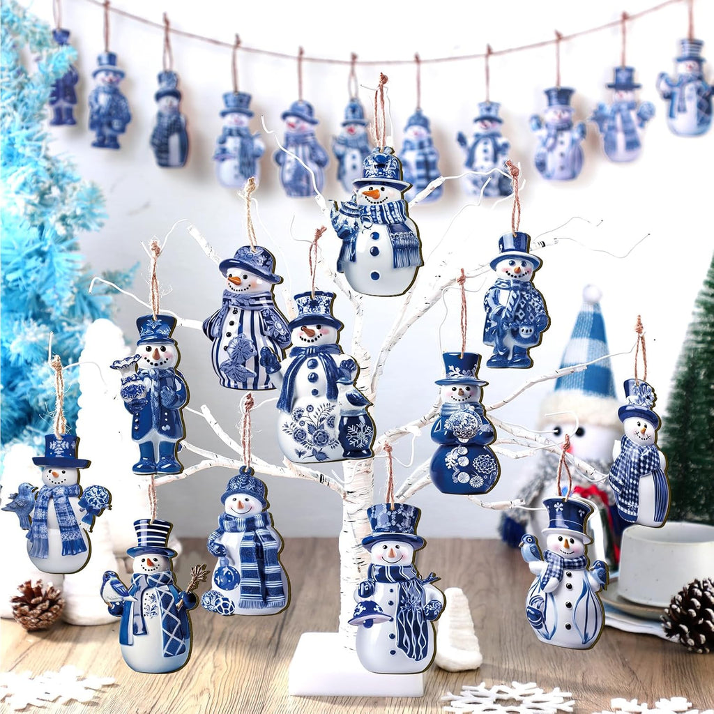 Blue and White Christmas Porcelain Snowman Ornaments for Tree Blue and White Porcelain Christmas Decoration - Set of 36