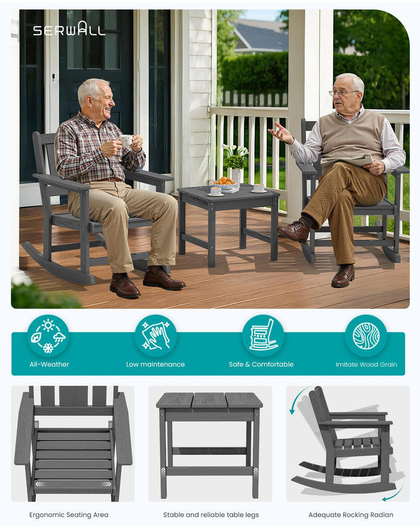 3-Piece Patio Furniture Set with 2 Rocking Chairs & Table, Grey