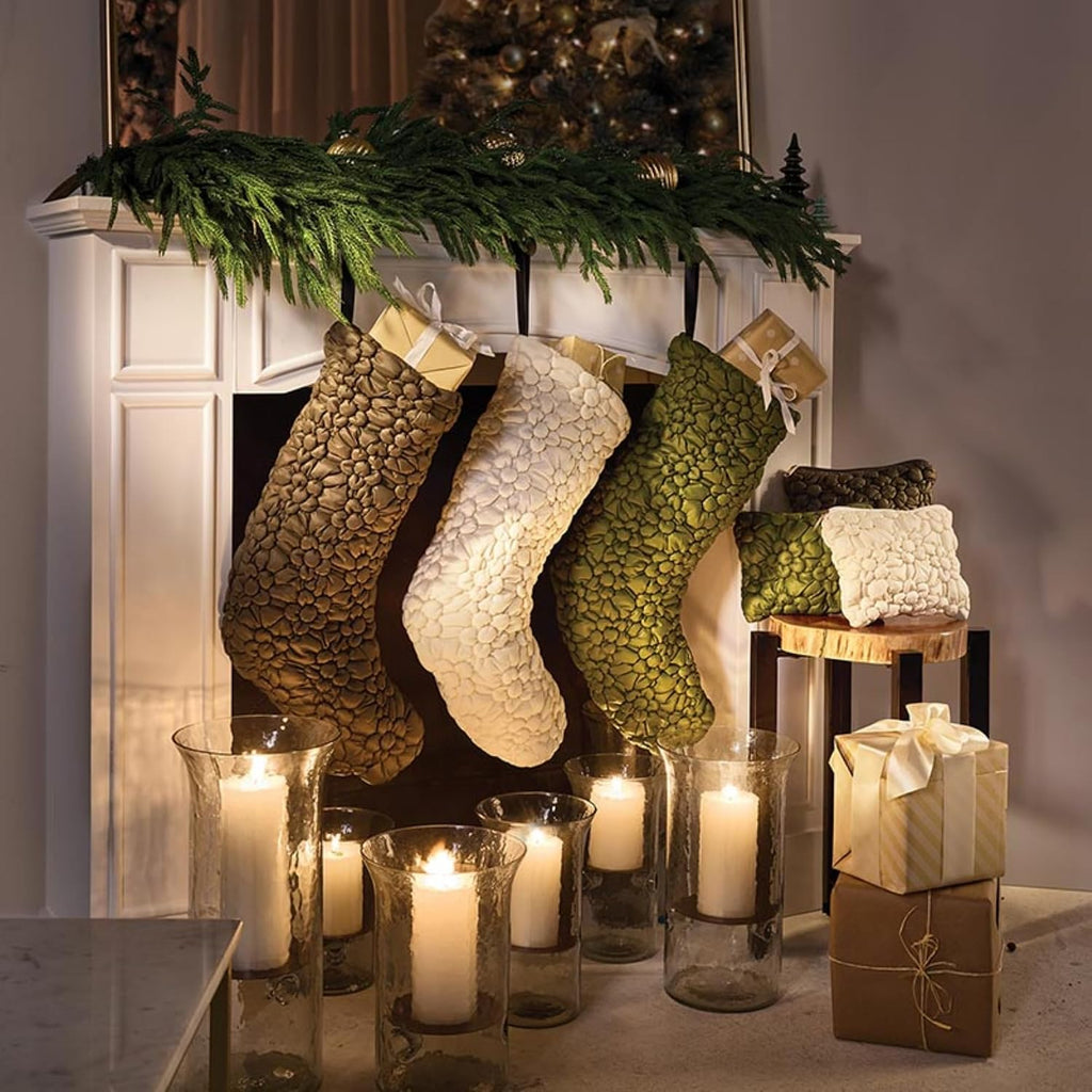 Christmas Stockings Quilted Puffer Pebbled Hanging Holiday Décor for Fireplace, 20" Long x 8" Wide, Forest Green