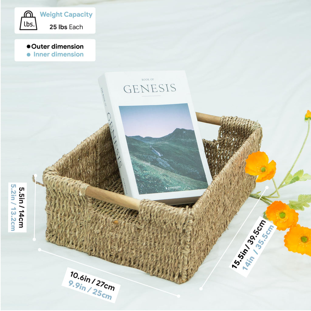Large Natural Wicker Basket Rectangular with Wooden Handles, Seagrass Storage for Organizing, Shelves 15.5 x 10.6 x
