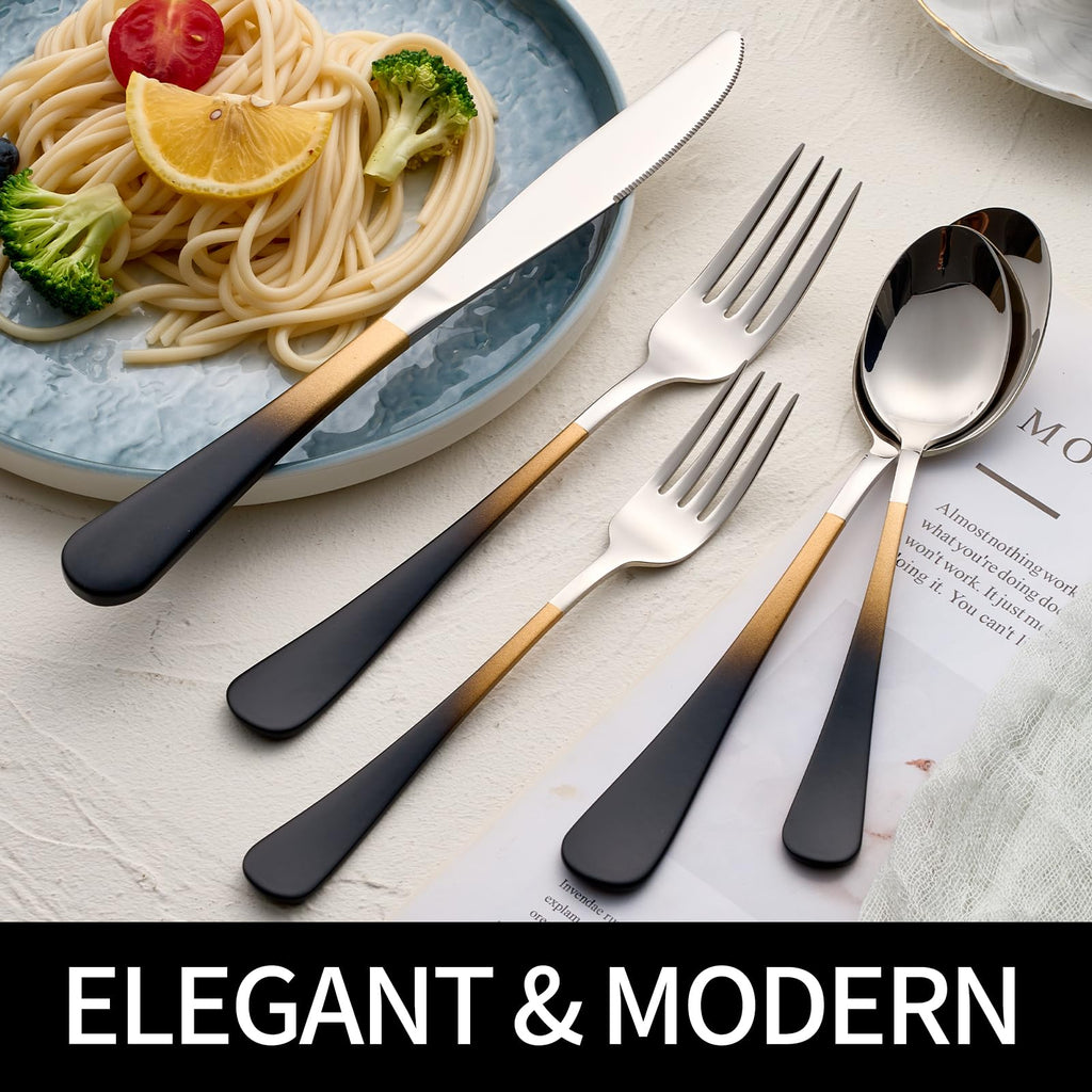 20-Pieces Black gold Silverware Sets for 4, Black gold Handle Stainless Steel Cutlery Set, Include Forks Spoons and