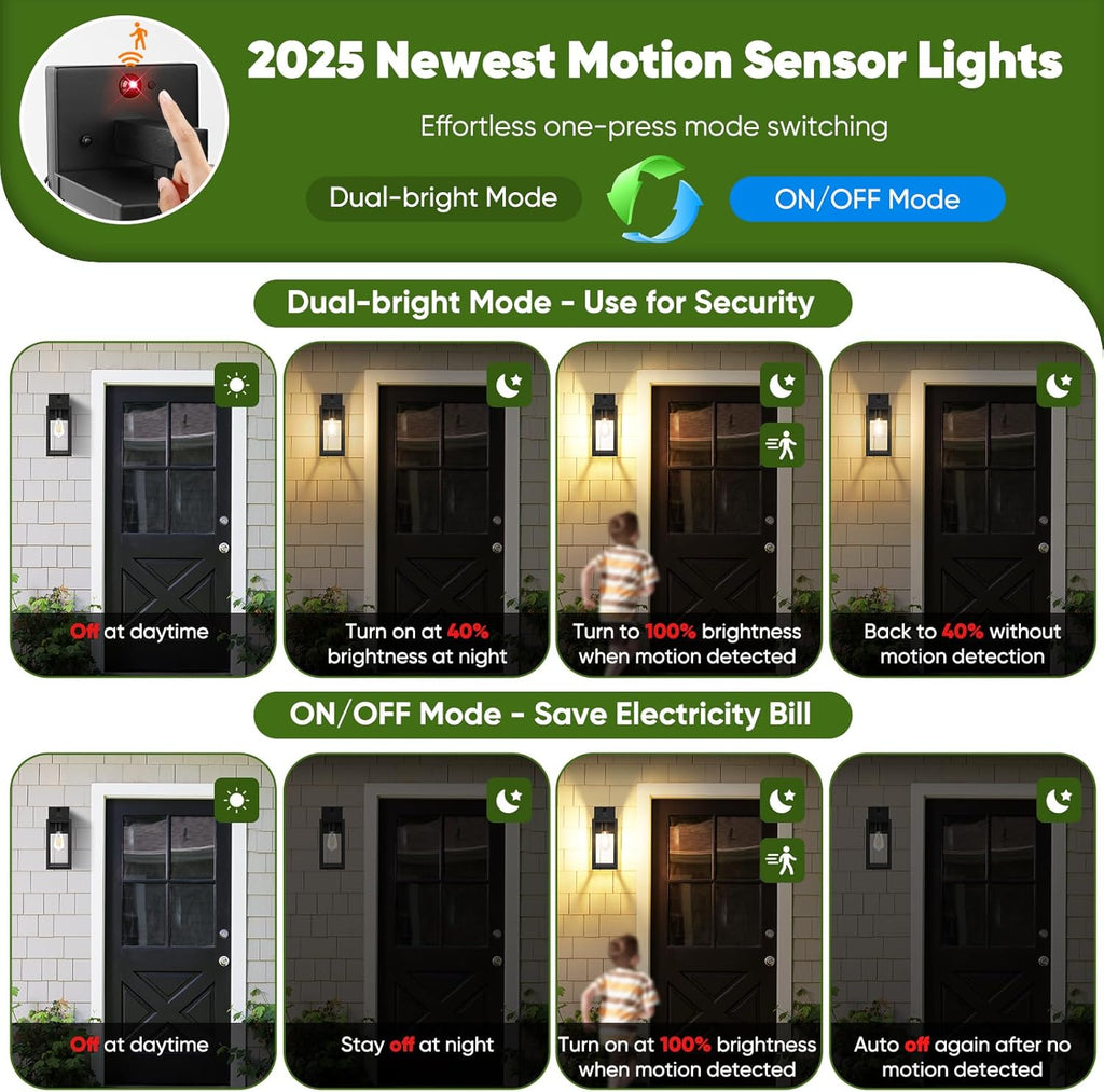 13" Upgraded Motion Sensor Outdoor Wall Lights, 2-Pack Dusk to Dawn Porch Light Outdoor Wall Sconce Lanterns