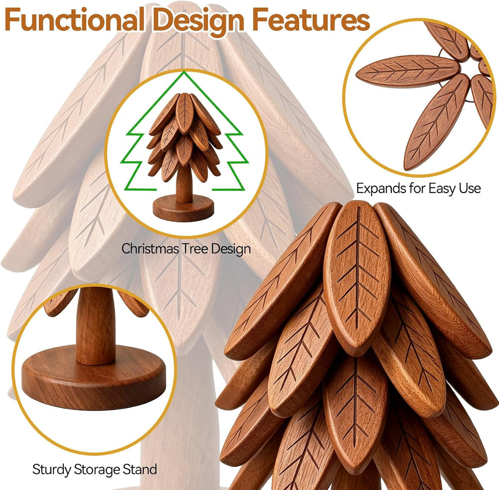 Wooden Trivets for Hot Dishes, Stackable Christmas Tree Trivet Set - Set of 4