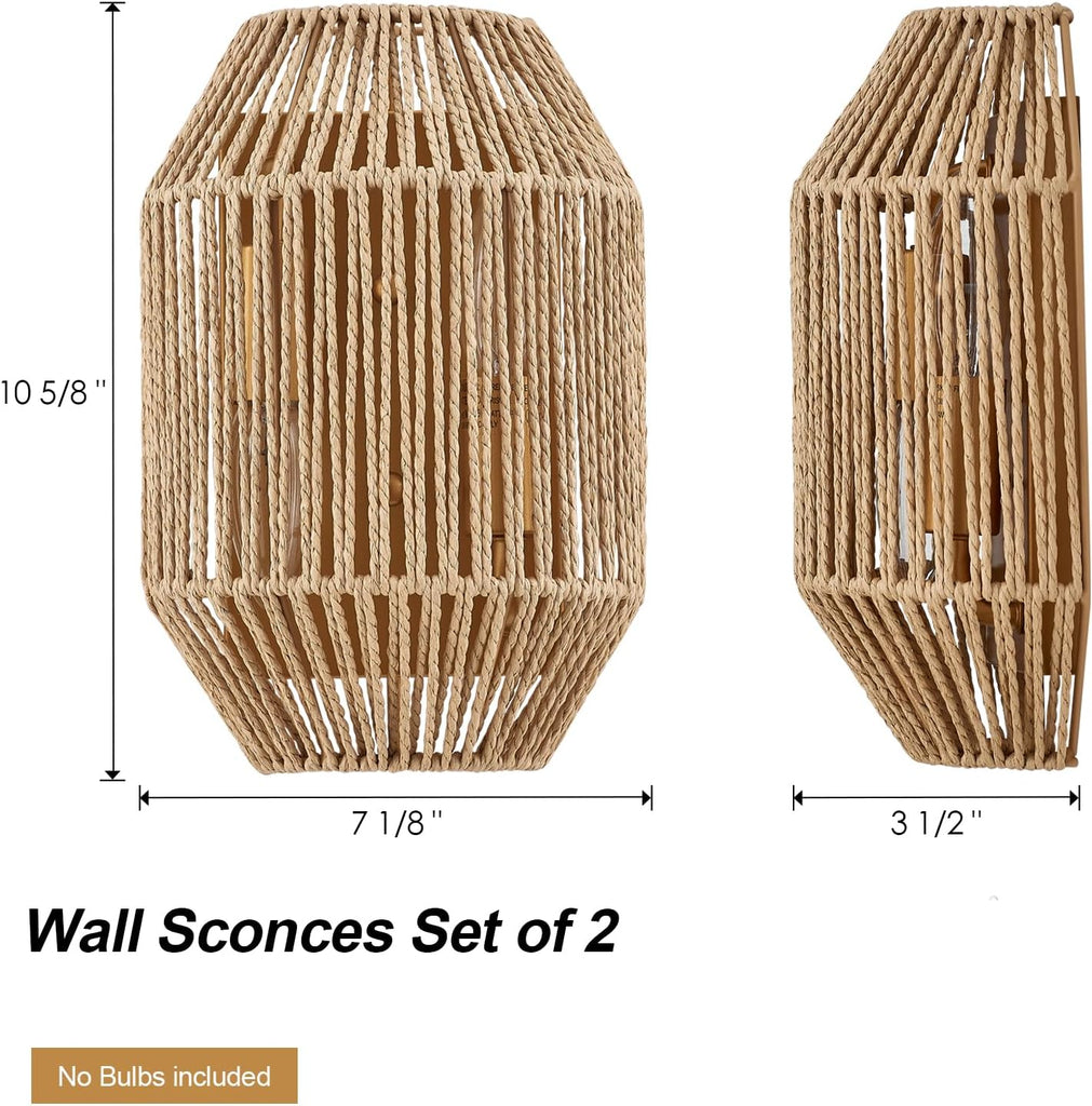 Natural Rattan Wall Sconce Set of 2, with Boho Woven Wicker Shade Antique Brass Brush Paint Finish for Vanity