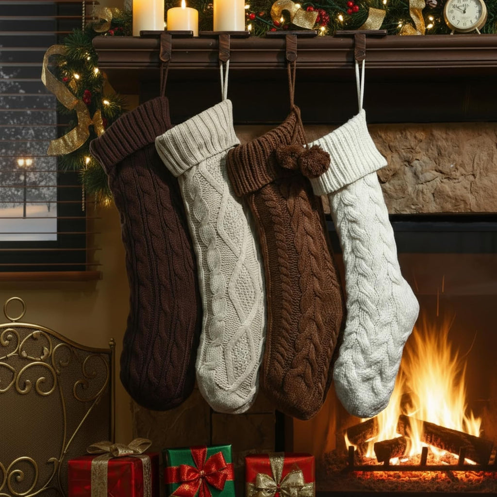 Cable Knit Christmas Stockings 18 Inch Farmhouse Large Rustic Neutral Knitted Stockings Ornaments Hanging Xmas - Set of 4